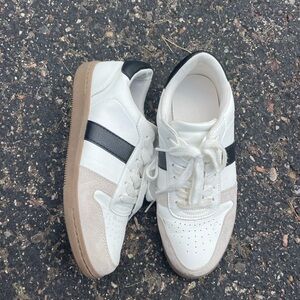 White and Black Sneakers with Tan Soles